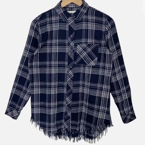 Beach lunch lounge plaid, blue fringed, Boho button front flannel shirt